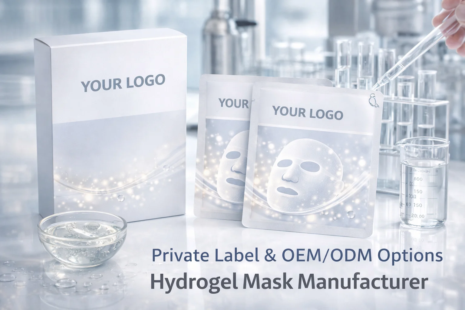 Hydrogel mask packaging for private label and OEM/ODM options, with a bowl of clear liquid and laboratory equipment in the background.
